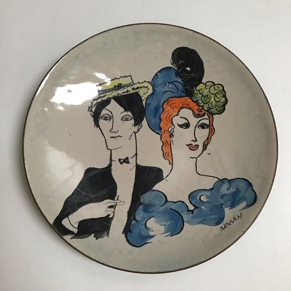 Enamel on Copper Plate Man Showgirl 1900’s Couple SIGNED 5” Mid Century Dish - Picture 5 of 10